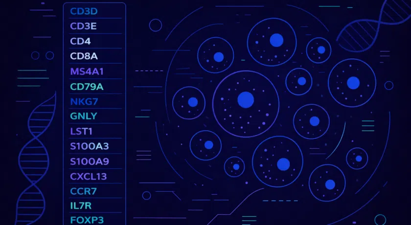 Abstract illustration showing a long list of single-cell marker genes next to multiple simplified cells, representing that gene lists alone do not define a cell type.