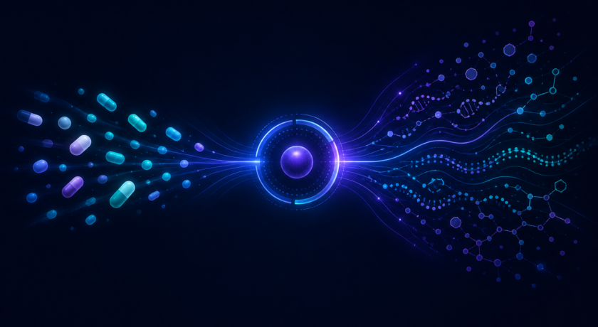 Abstract scientific illustration on a dark navy background showing a central glowing sphere acting as a hub. On the left, softly lit capsule shapes and particles flow inward toward the center. On the right, the energy disperses outward into flowing lines, molecular networks, and data-like wave patterns, symbolizing the transformation from compounds to complex biological insights, depicting DRUG-seq