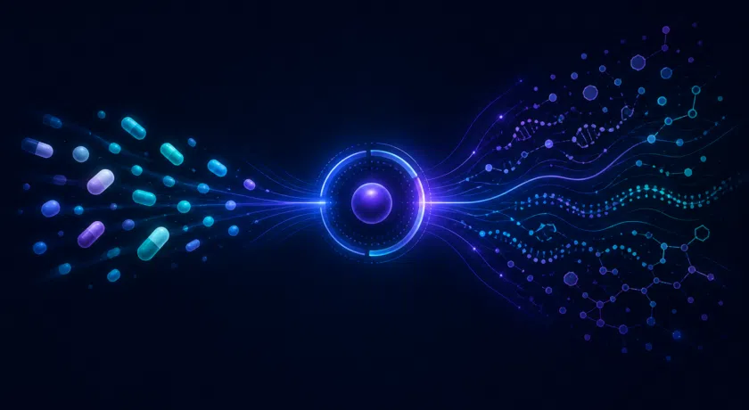 Abstract scientific illustration on a dark navy background showing a central glowing sphere acting as a hub. On the left, softly lit capsule shapes and particles flow inward toward the center. On the right, the energy disperses outward into flowing lines, molecular networks, and data-like wave patterns, symbolizing the transformation from compounds to complex biological insights, depicting DRUG-seq