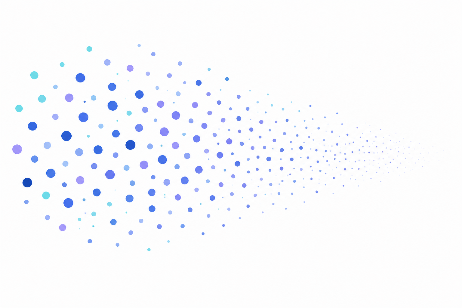 Gradient field of blue, teal, and purple dots that are dense on the left and gradually disperse into smaller, lighter dots toward the right on a white background.
