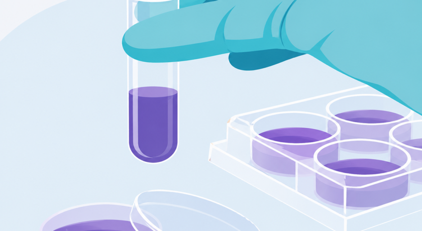 Minimalist vector illustration of a teal-gloved hand holding a test tube filled with purple liquid above petri dishes and a multiwell plate, representing toxicology and transcriptomics research.