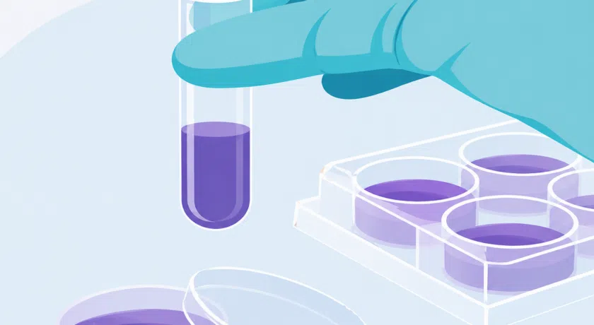 Minimalist vector illustration of a teal-gloved hand holding a test tube filled with purple liquid above petri dishes and a multiwell plate, representing toxicology and transcriptomics research.