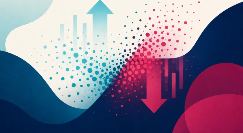Abstract illustration representing differential gene expression, with blue and pink particle gradients flowing in opposite directions to symbolize upregulated and downregulated genes. Minimalist arrows and soft bar-like forms suggest shifts in gene activity and expression patterns across conditions.