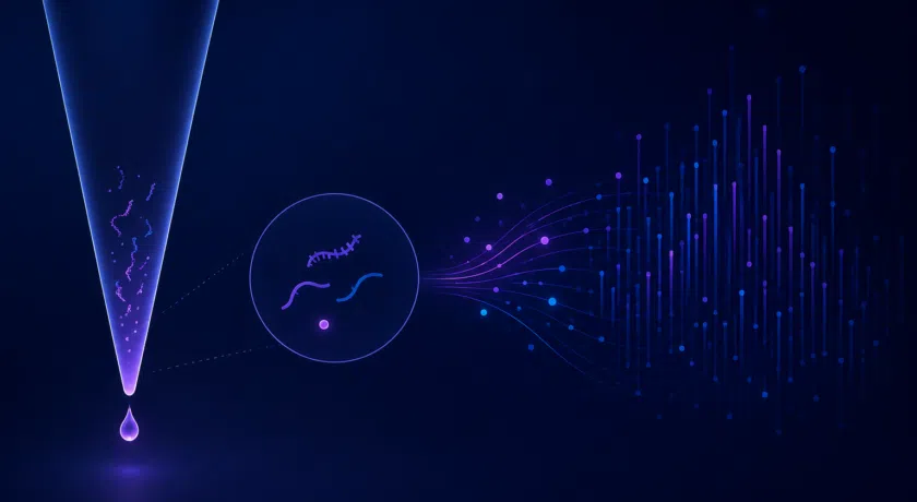 **Alt text:** Abstract illustration of ultra-low input RNA sequencing showing a single droplet containing sparse RNA fragments flowing into transcriptomic analysis, with minimal RNA molecules transitioning into a glowing sequencing data pattern on a dark blue background in blue and purple scientific tones.