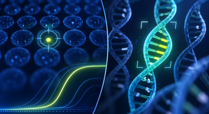 Illustration of bioanalytical assay sensitivity and specificity, showing molecular detection, qPCR amplification curves, and targeted DNA analysis.