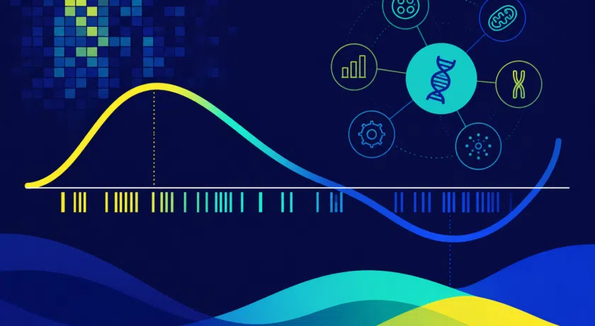 **Alt text:** Abstract illustration representing Gene Set Enrichment Analysis (GSEA), featuring a stylized enrichment curve crossing a ranked gene list, a heatmap-inspired grid, and interconnected genomics icons symbolizing pathway analysis, gene expression, and bioinformatics. The design uses Single Cell Discoveries' brand colours of cobalt blue, teal, yellow, navy, black, and white to represent the translation of RNA-seq data into biological insights.